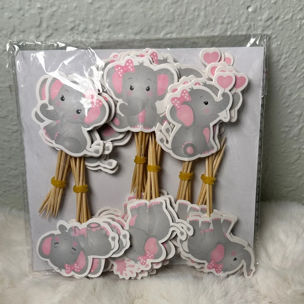 Elephant Themed Party Cupcake Toppers | Pink and Gray | 48 Pieces